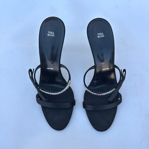 Vera Wang Rhinestone Bow Mules Strappy Heels Satin Black Box 38.5 Size 8.5 - Picture 5 of 11